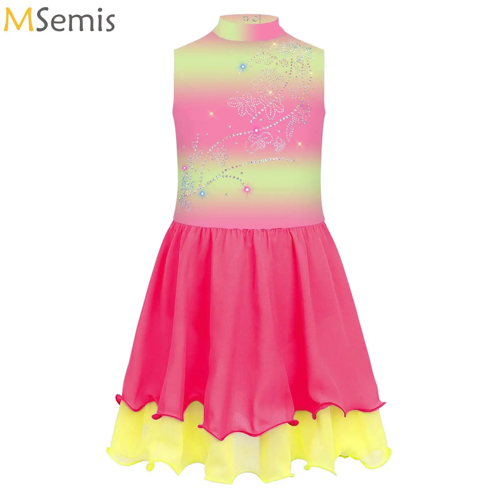 

Kids Girls Ballet Dance Leotard Figure Skating Tutu Dress Dancewear Sleeveless Performance Costume Rhinestones Gradient Dress
