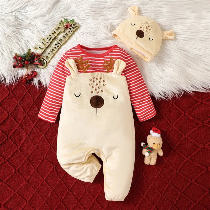 Baby 2Pcs Christmas Outfits Long Sleeve Round Neck Reindeer Romper Hat Set Holiday Clothes