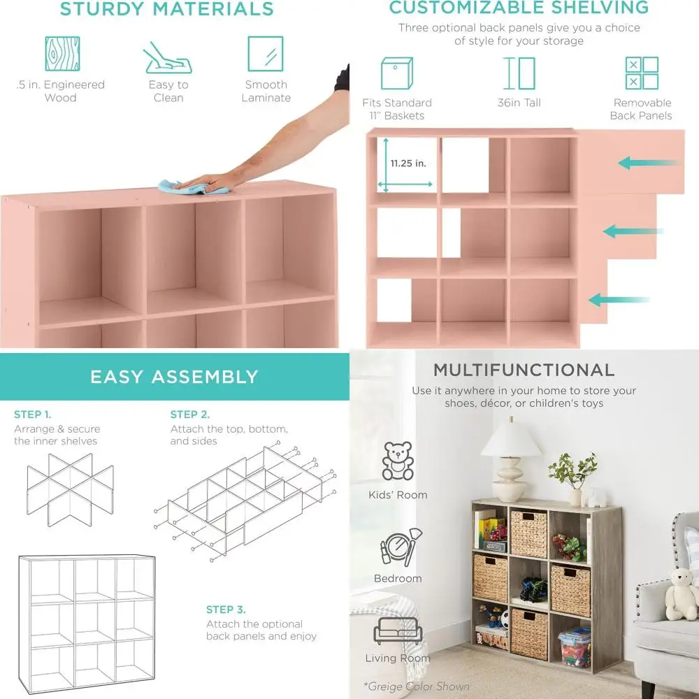 

Органайзер для хранения 9-Cube светло-розового цвета с 11 полками для книг и игрушек, со съемными задними панелями