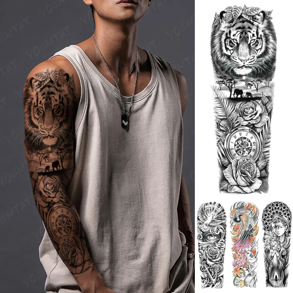 

Large Arm Sleeve Tattoo Tiger Elephant Waterproof Temporary Tattoos Sticker Clock Rose Leaf Men Art Full Animal Fake Tatoo Women