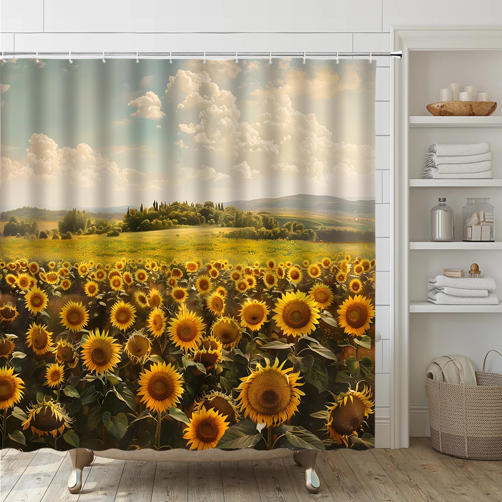 Rural Landscape Sunflower Fields Shower Curtain Set Bathroom Screen Floral Non Slip Bath Mat Toilet Cover Carpet Rug Home Decor