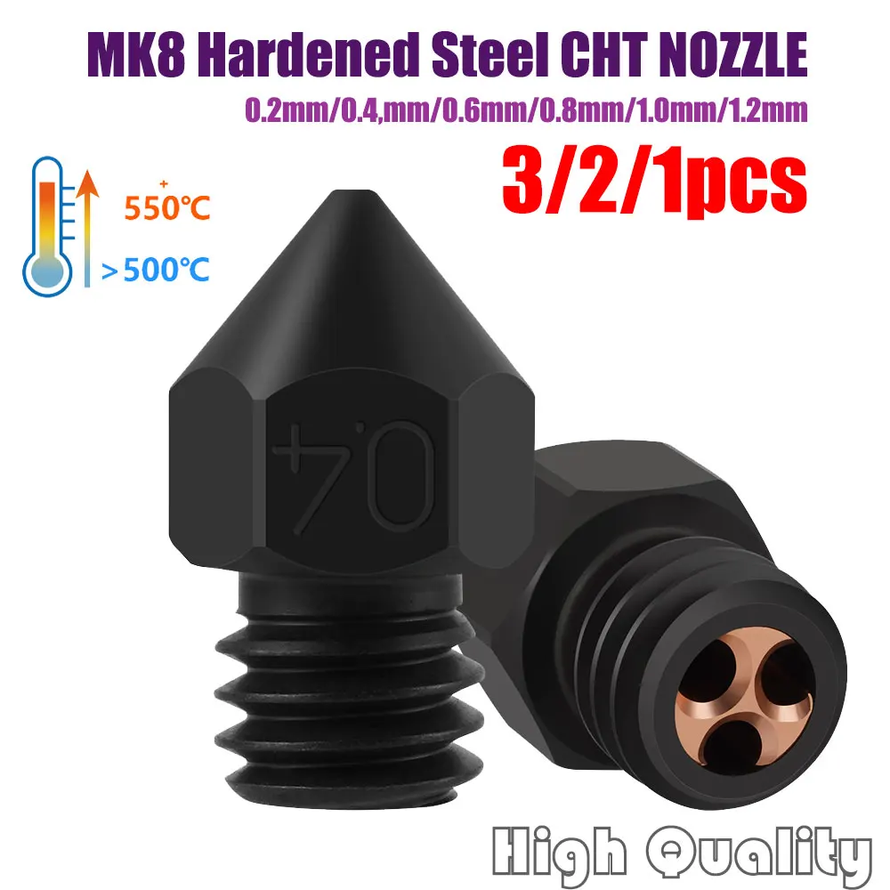 3/2/1pcs MK8 CHT Hardened Steel Nozzle High Quality Nozzle 0.2/0.4/0.6/0.8/1.0/1.2mm For Ender 3 3D Printer 1.75mm Filament