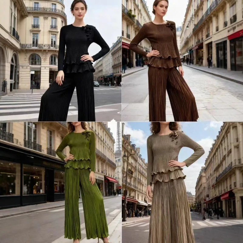 Miyake geplooid broekpak plus size set 2025 herfst nieuwe plisse mode volant top en wijde pijpen broek dames vouw 2-delige set