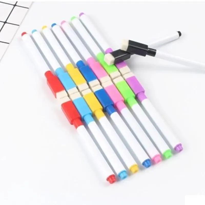 8Pcs/lot Colorful Black School Classroom Whiteboard Pen Dry White Board Markers Built In Eraser Student Children's Drawing Pen