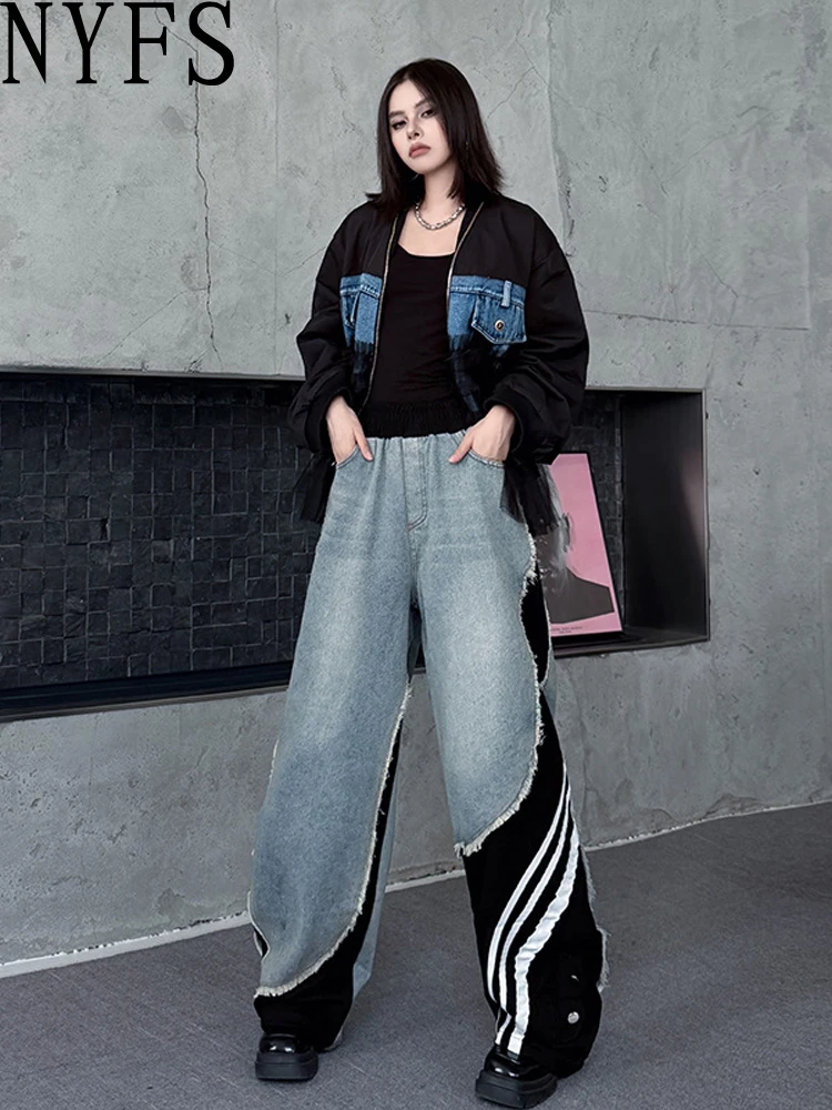 Nyfs americano vintage plus size feminino retalhos jeans solto ajuste cintura elástica perna larga calças jeans estilo outono