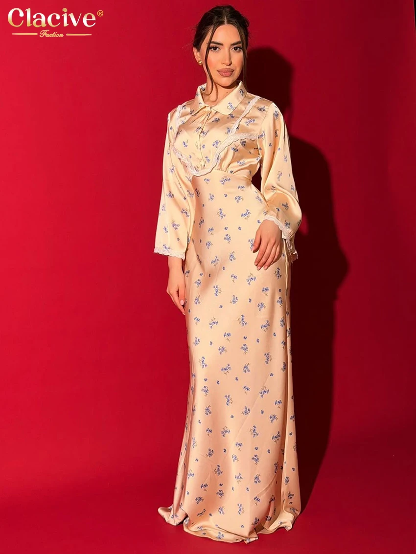 

Clacive Fashion Slim Print Women Dress 2026 Autumn Lapel Long Sleeve Maxi Dresses Lady Elegant Classic Female Dress Streeetwear