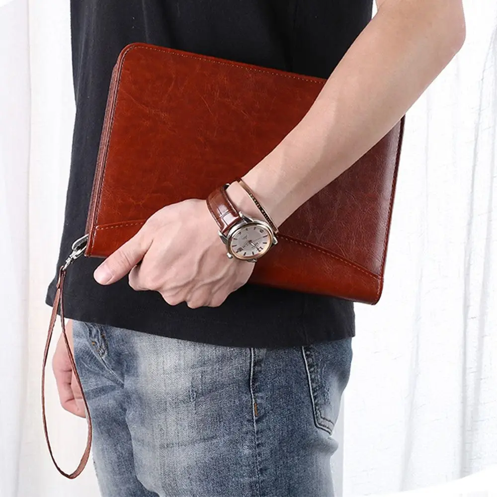 Portable File Folder PU Leather 6-Ring Work Record Book Zippered Closure Card Holder Loose Leaf Notebook Office Supplies