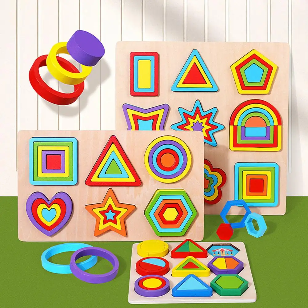 나무 기하학적 도형 컬러풀 몬테소리 퍼즐 인지 3D 유아 교육 보드 수학 분류 게임 어린이 장난감