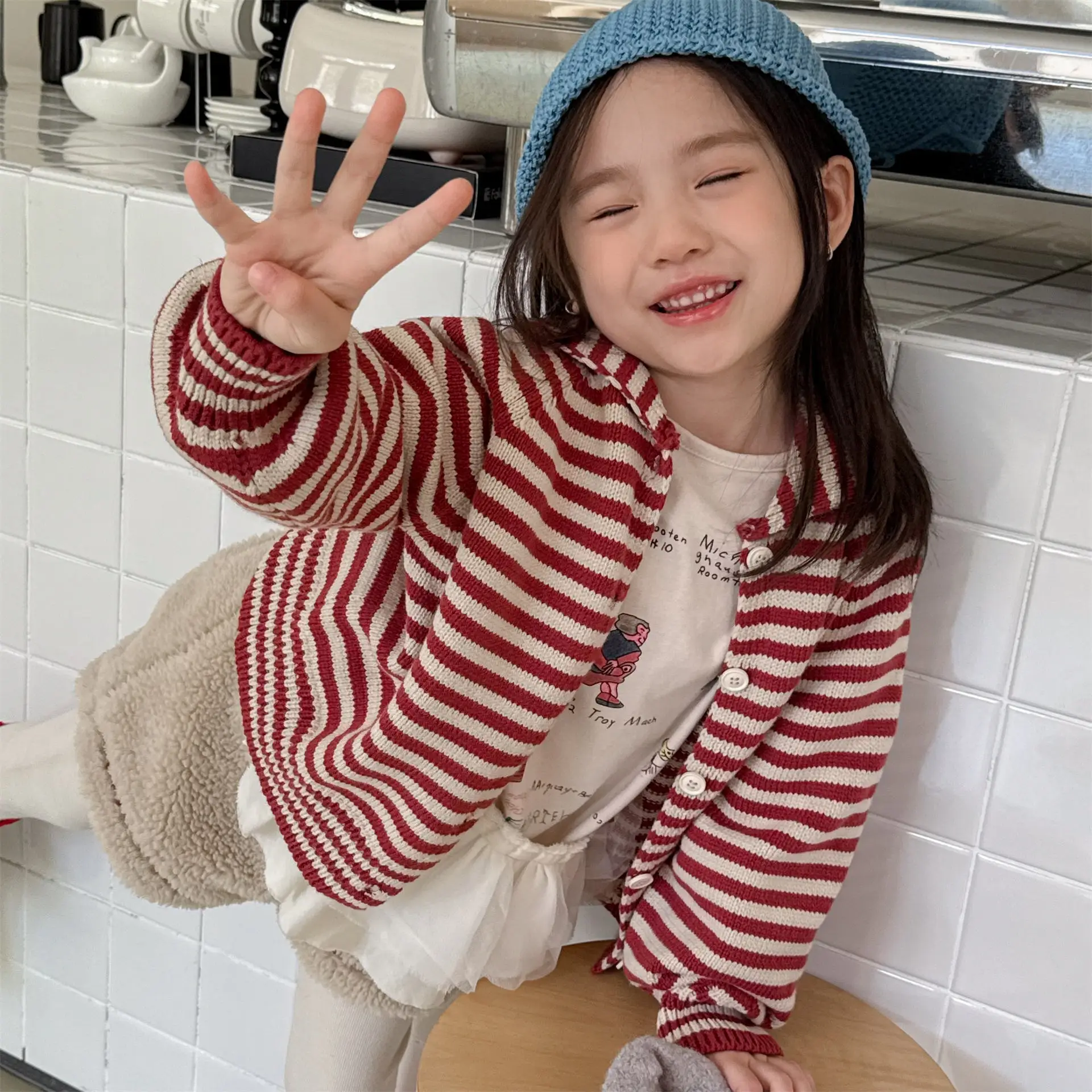 

2025 Autumn New Children Long Sleeve Knit Cardigan Boys Girls Striped Sweater Coat Cotton Baby Casual Knitwear Kids Clothes