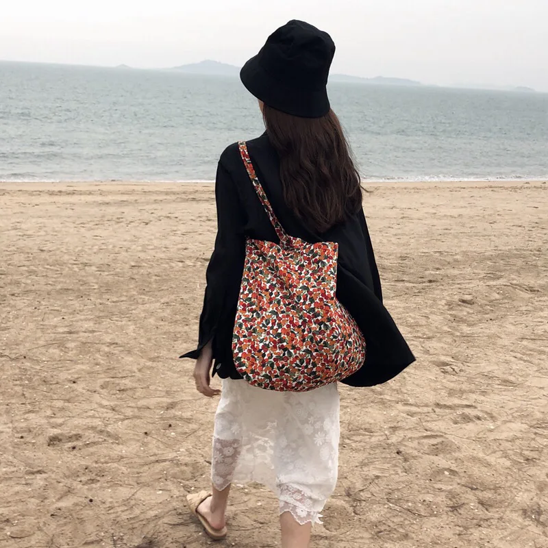 Large Capacity Canvas Tote for Women Small Floral Pattern Reusable Ladies Shopping Shoulder Bags Girls Student Flower Handbags