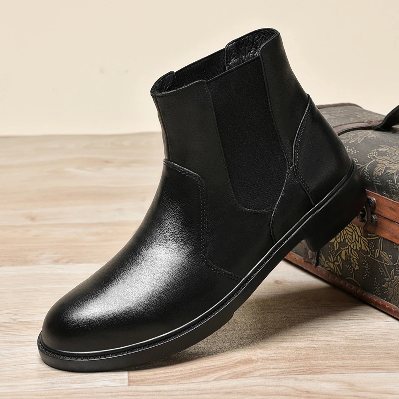 

High Top Plush Chelsea Boots Round Toe Side Zipper Sheepskin and Wool Integrated Ankle Snow Boots Winter Warm Men's Boots 2026