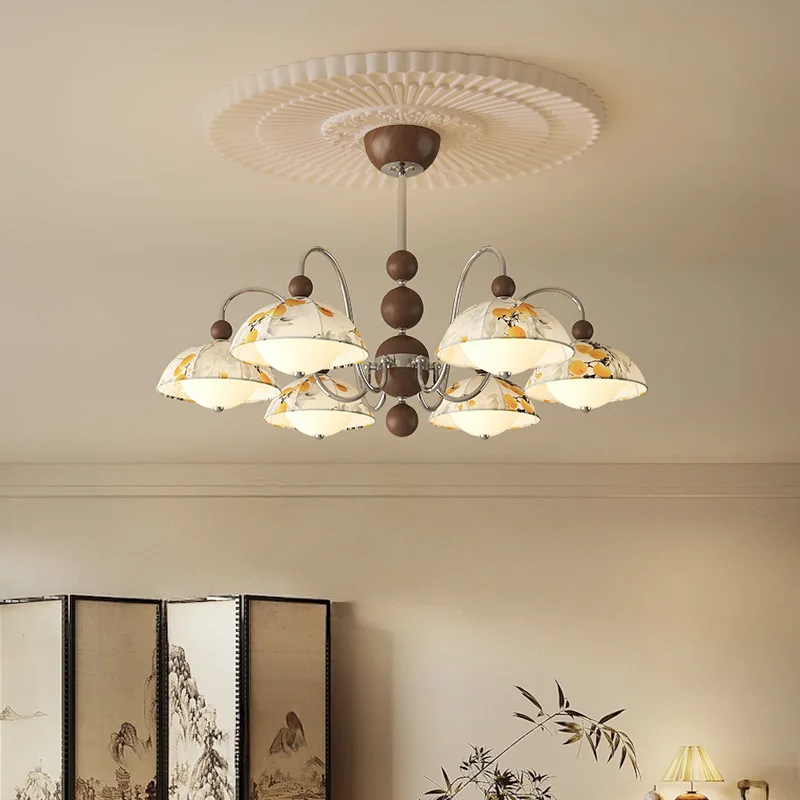 Living room chandelier, medieval retro printed fabric lamp, high-end sense