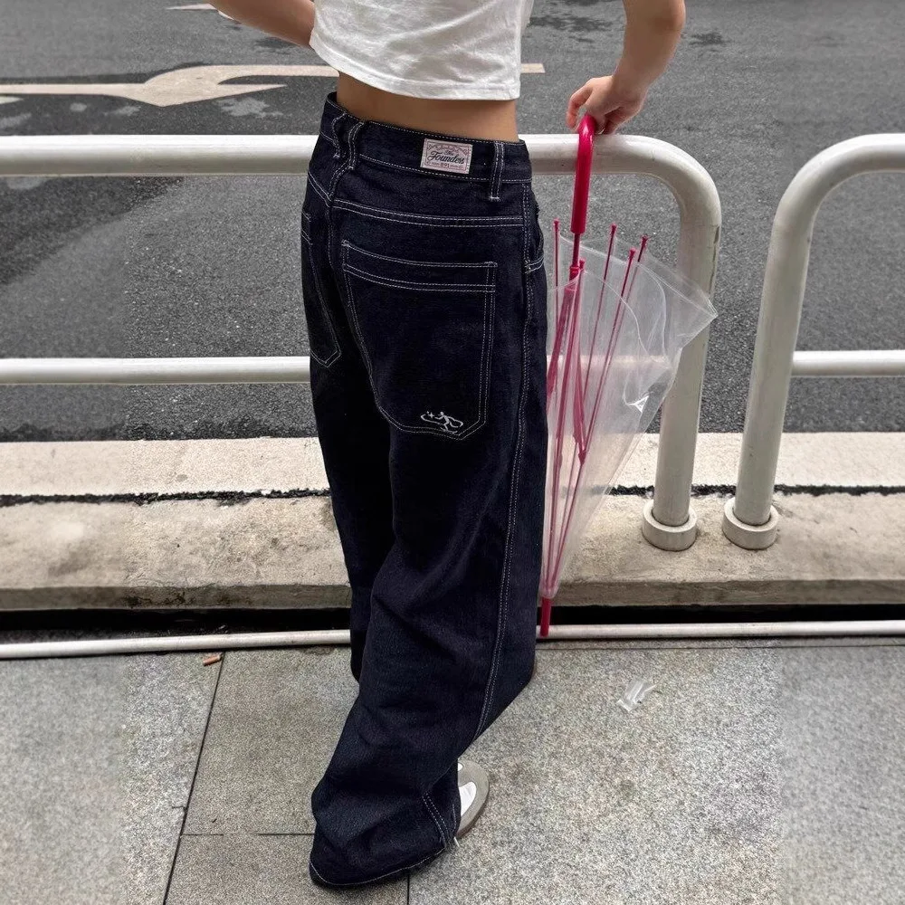 

Korean Retro Embroidered Loose Straight Leg Jeans for Women Slim and High Waisted Casual Wide Leg Pants