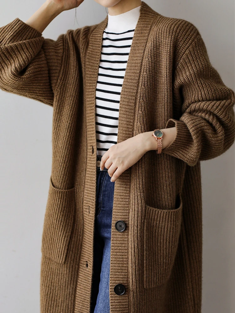 Vintage Elegant V-neck Single Breasted Long Knitted Cardigan Autumn Winter Thick Warm Long Sleeve Pockets Coat Women Casual Tops