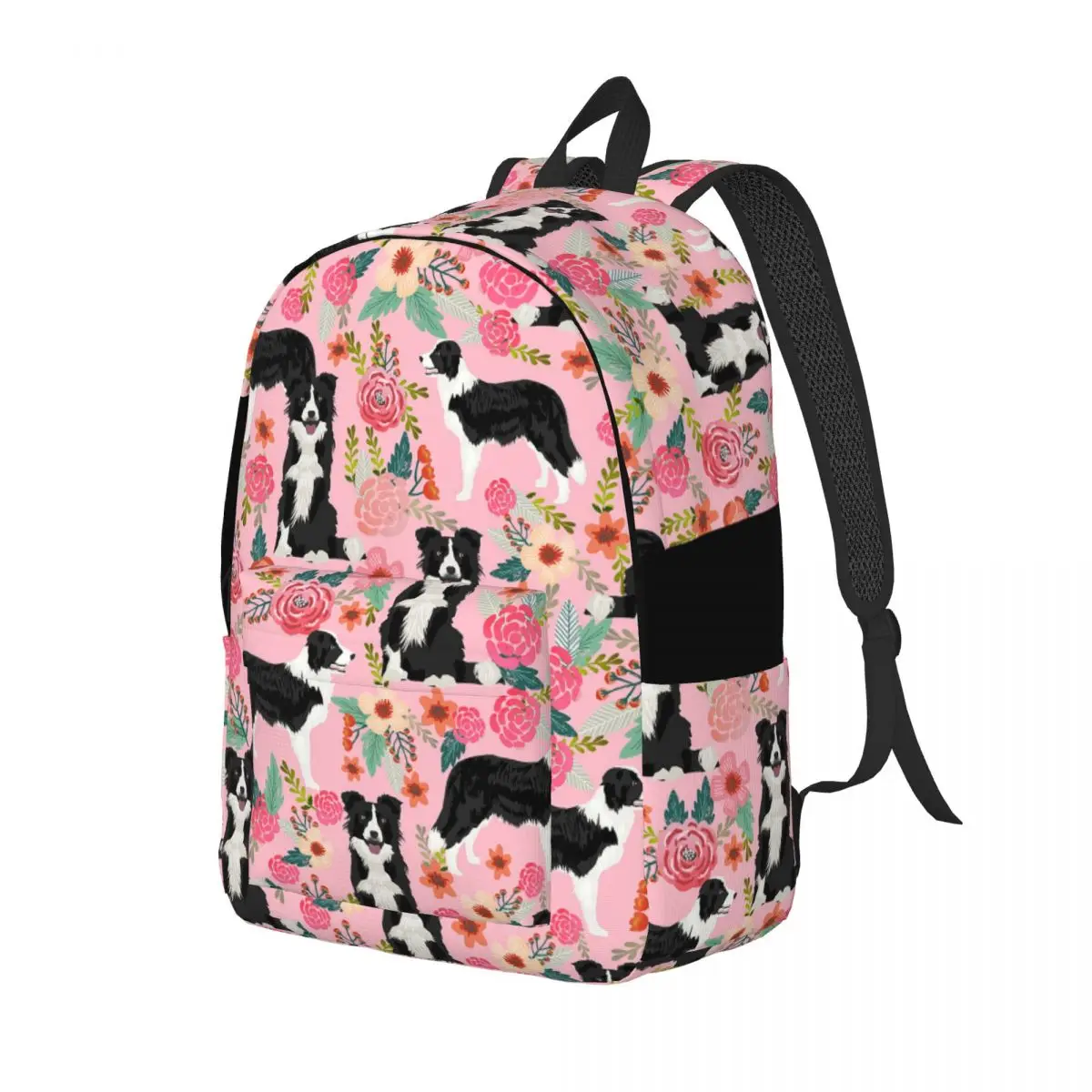 Border Collie Pink Floral Dog for Teens Student School Bookbag Animal Daypack Middle High College Sports