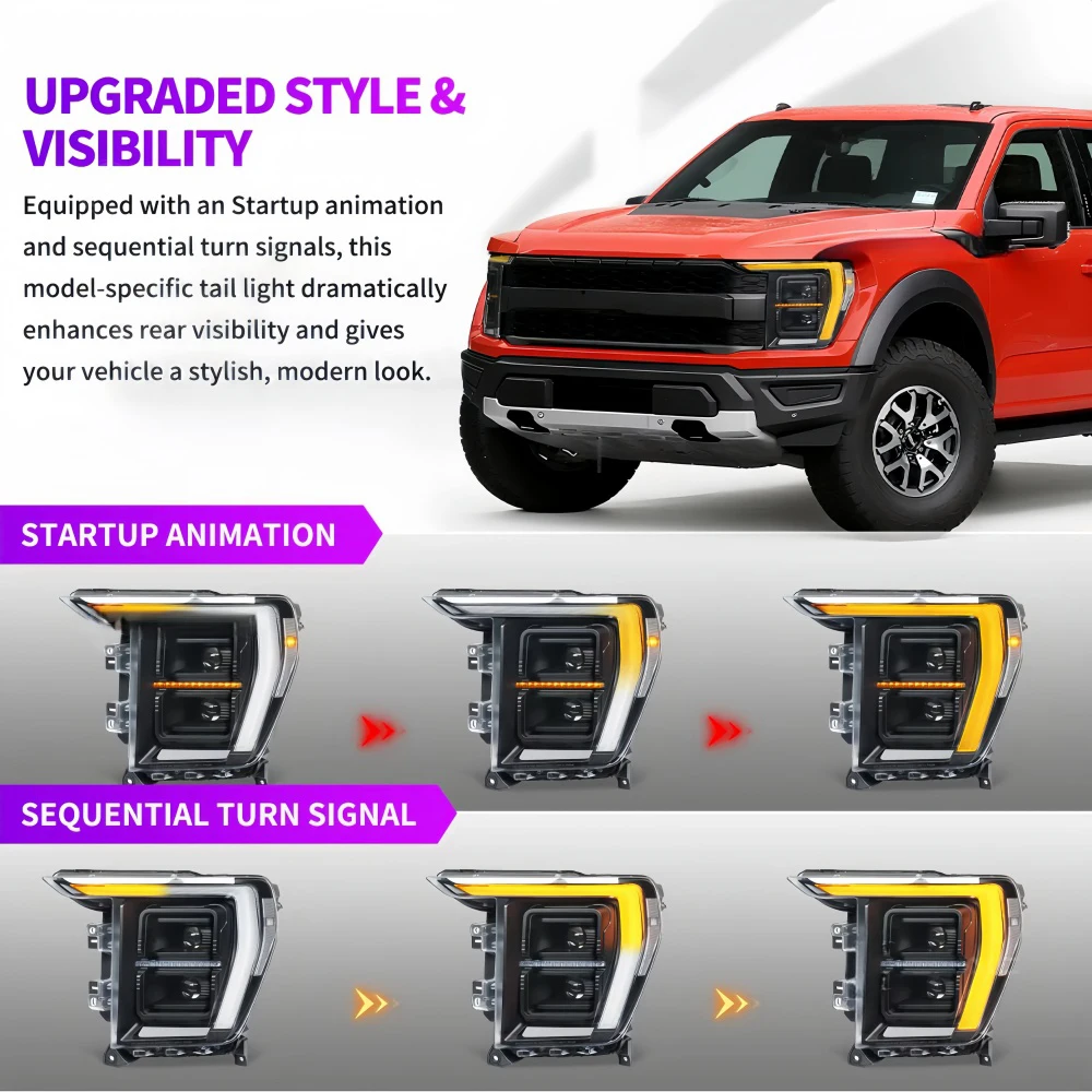 Plug and Play LED Headlight for Raptor F150 2021-2023 Sequential Indicator Clear Lens