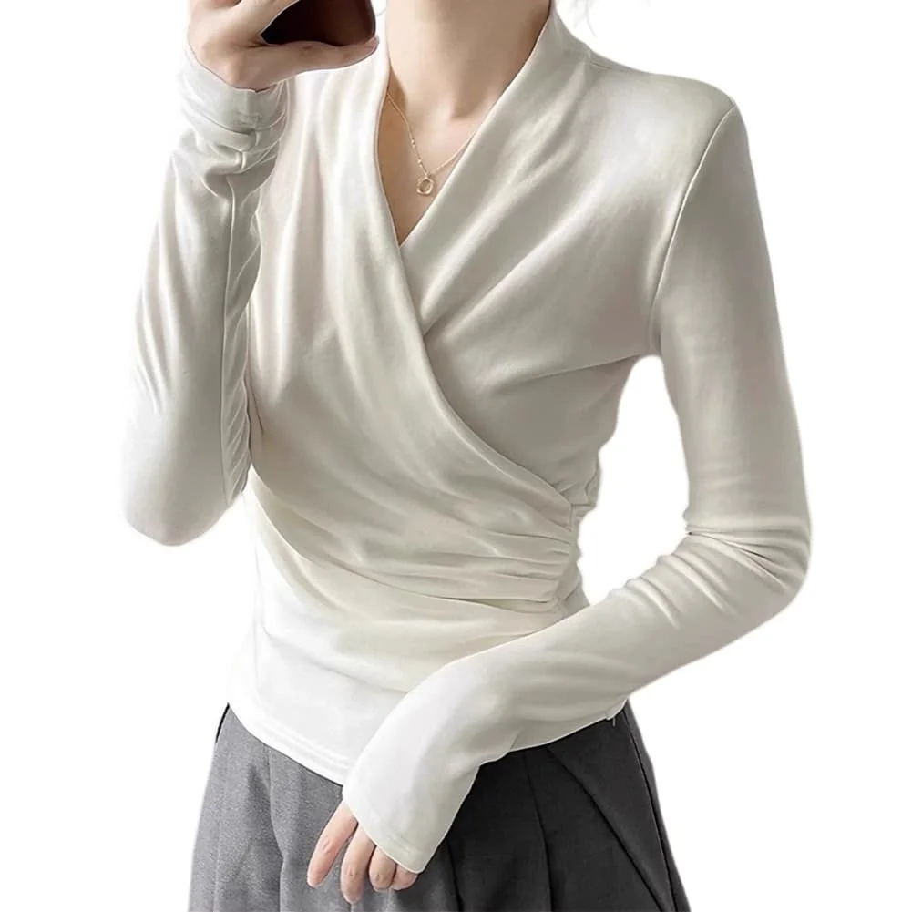 Women\'s Solid Color Over for v Neck Pleated for Fit Long Sleeve T Shirt for Summer Vacation Beach and Cycling Activities