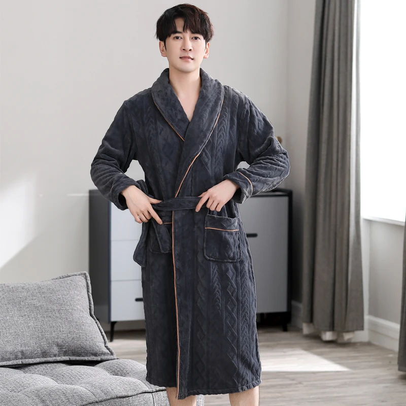 Mens Bathrobe Winter Warm Casual Flannel Robe Sleepwear Long Sleeve Plush Male Bath Robe Lounge Nightgown Homewear Pajamas