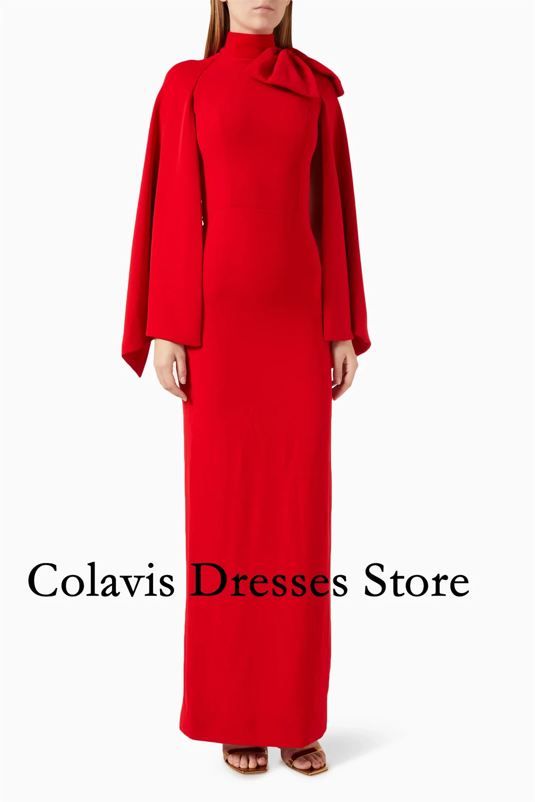 

2025 Customized Bow Cape-sleeves Maxi Dress Crepe Red Prom Dresses Evening Dress Women Evening Gowns Formal Party Dress