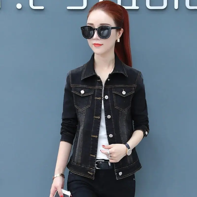 

Casual Denim Jacket Women Korean Fashion Slimming Black Short Jean Coat Spring Autumn Long Sleeve Female Cowboy Jackets S-5xl