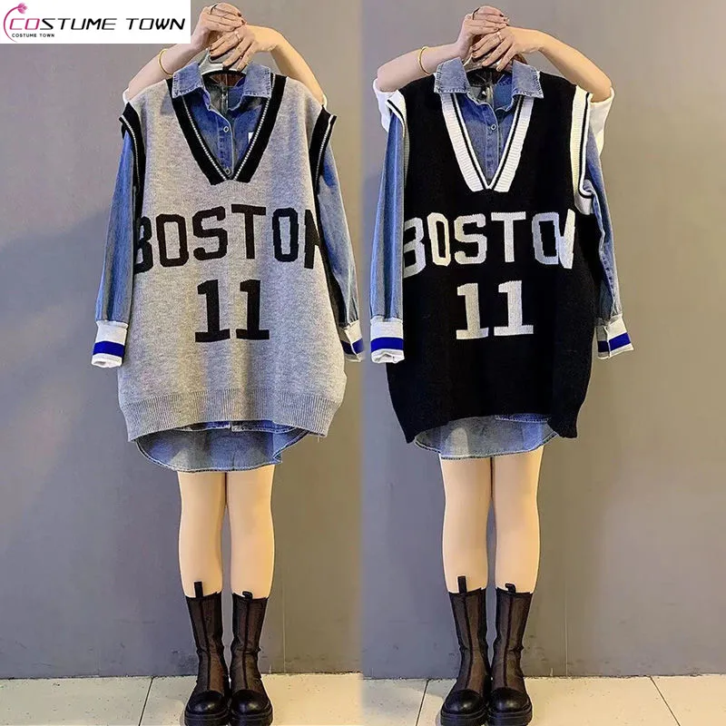 Fashion Casual Set Spring and Autumn Korean Edition Women's Versatile Denim Shirt Knitted Tank Top Two Piece Set