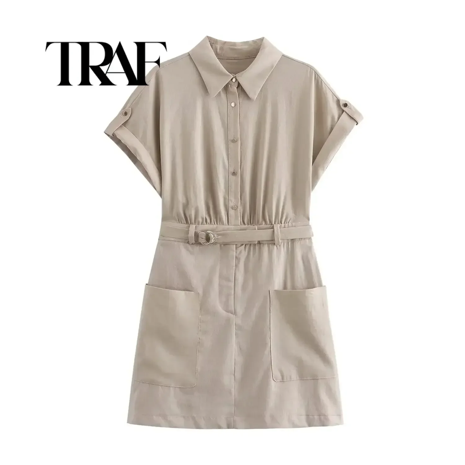 TRAF Summer Women Shirt Style Mini Dress 2024 New Casual Fashion Slim Short Sleeve Button Belt A-line Dress Holiday Dresses