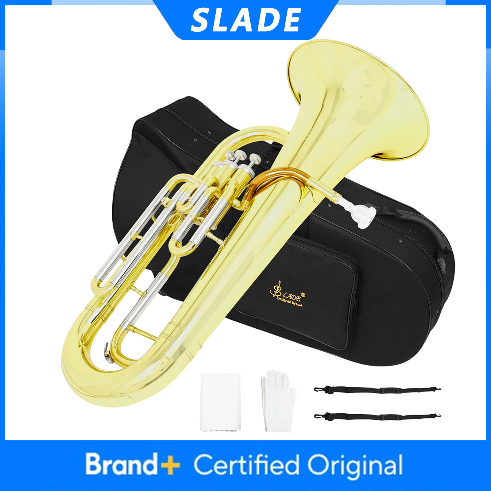 

SLADE LDO730C 3-клавишный эуфониум Bb Вертикальный ключ Эуфоний Золотой лак Баритоновый рог Латунный инструмент с футляром Перчатки Ткань