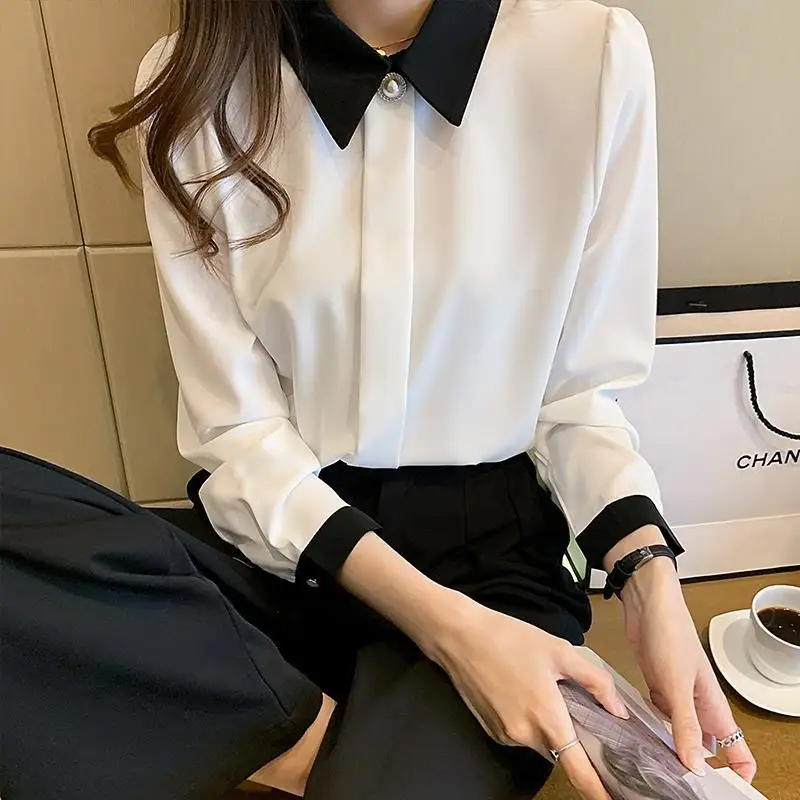 2024 Spring and Autumn Korean Fashion Minimalist Versatile Long Sleeve Blouses Loose Collar Solid Color Button Women\'s Shirt Top