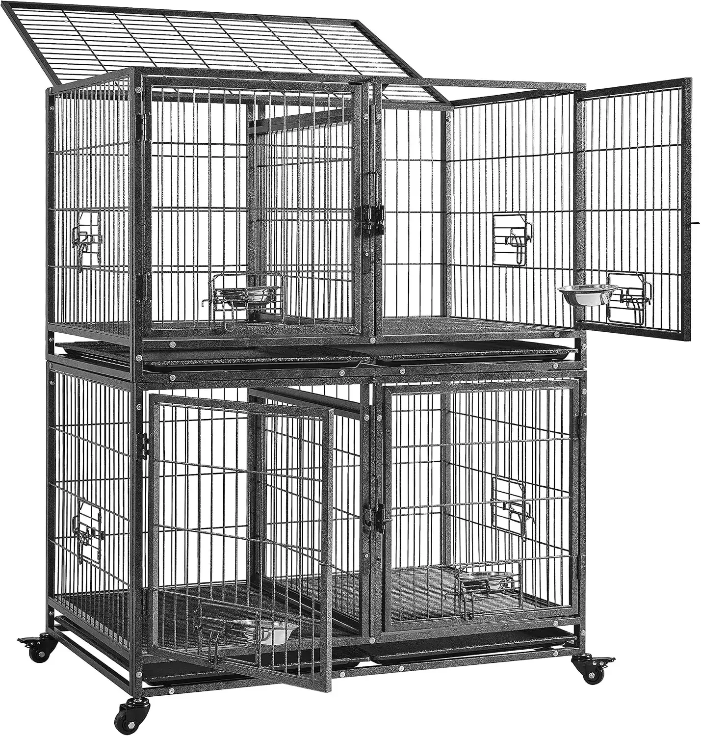 Stackable Dog Crate with Divider 43'' Rolling Heavy Duty Dog Cage.Removable Trays for Small/Medium Dog, Double Story