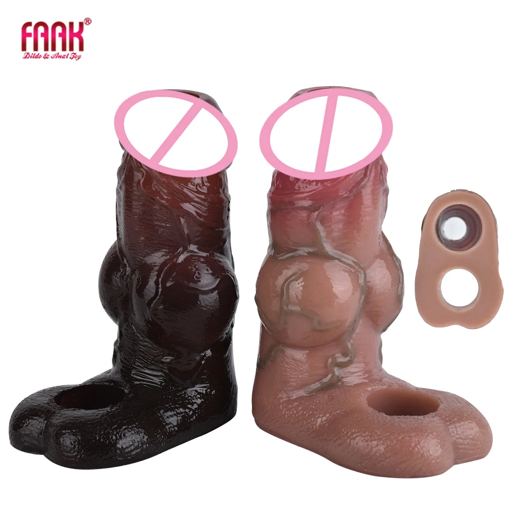 FAAK Silicone Knot Open-ended Penis Sleeve Realistic Hollow Dildo Sheath Delay Ejaculation Sex Toy For Men Male Masturbator