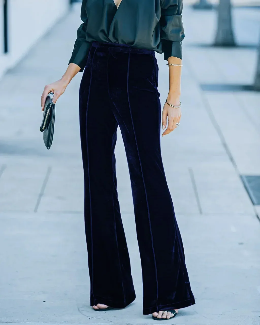 Women Pants Solid Color High Waist Zipper Fly Flat Pockets Loose Capris Patchwork Button Flare Pants Office Lady Autumn Winter