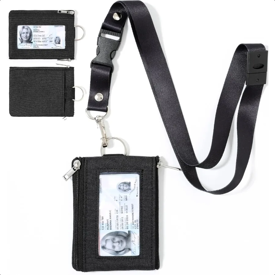 

ID Card Holder Breakaway Lanyard Nylon Lanyard Wallet Zip ID Case Water Resistance Keychain Coin Purse for Cards Badges Cash Wo