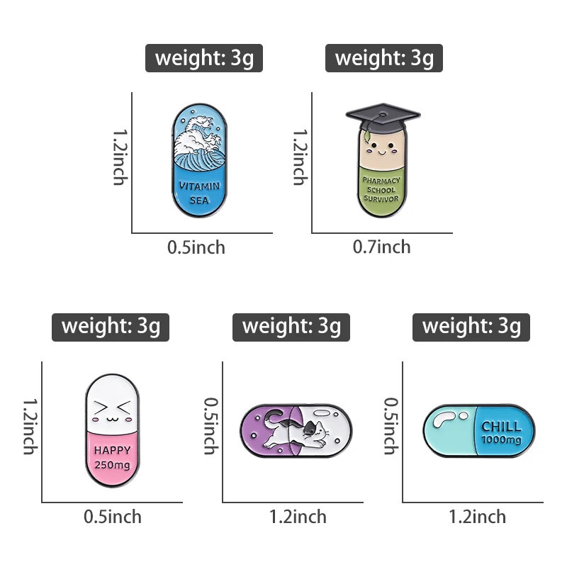 Cute Cartoon Pills Shape Enamel Pins Pharmacy School Survivor Lapel Badge Cartoon Decorative Metal Brooches for Medical Students