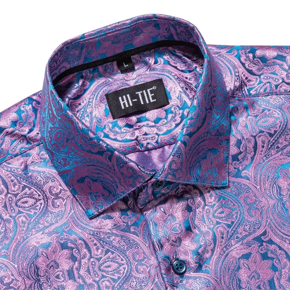 Hi-Tie Brand New Silk Mens Shirts Long Sleeve Slim Fit Gold Blue Red Beige Burgundy Pink Purple Gray Shirt For Men High Quality