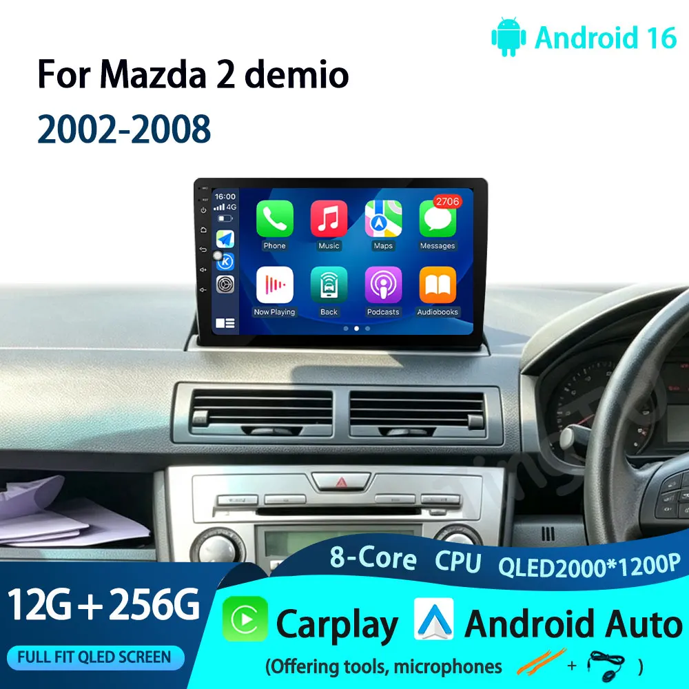Wireless CarPlay Video Audio 9 inch Car Radio for Mazda 2 Demio 2002 - 2008 Multimedia Player Android 16 Split Screen GPS Navi