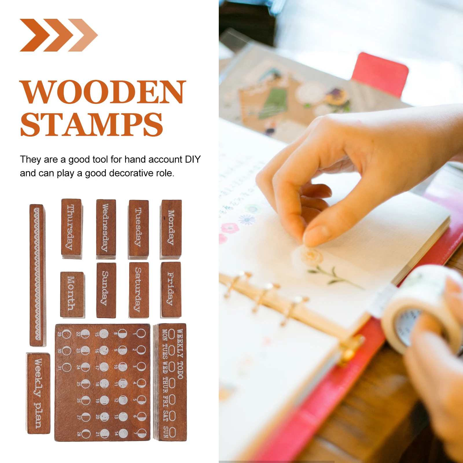 

12pcs Wooden Stamps Set for Crafts Scrapbooking Supplies Mini Journaling Vintage Week Stamps Small Wood Storage Tools Creative