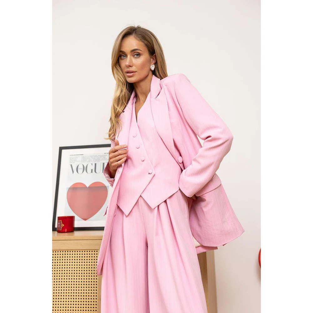 Chic Pink Women Pants Set  New Female Three Pieces(Blazer+Trousers+Vest) conjuntos para mujeres 3 piezas