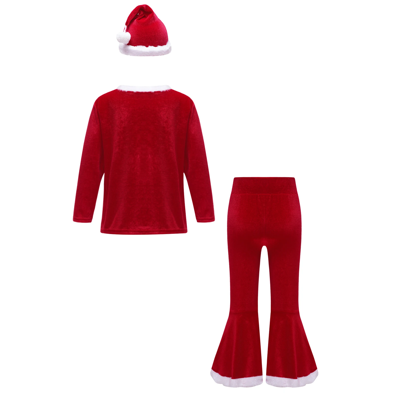 Toddler Girls Christmas Elf Santa Claus Cosplay Costume Long Sleeve Top with Flare Pants Pointed Hat Theme Party Dress Up Outfit