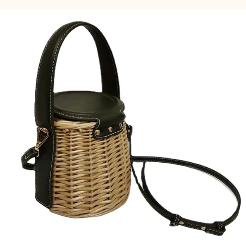 Women Handbag Drowstring Straw Beach Bag Summer Woven Bucket Crossbody Shoulder Bags Bohemian Female Handmade Rattan Tote