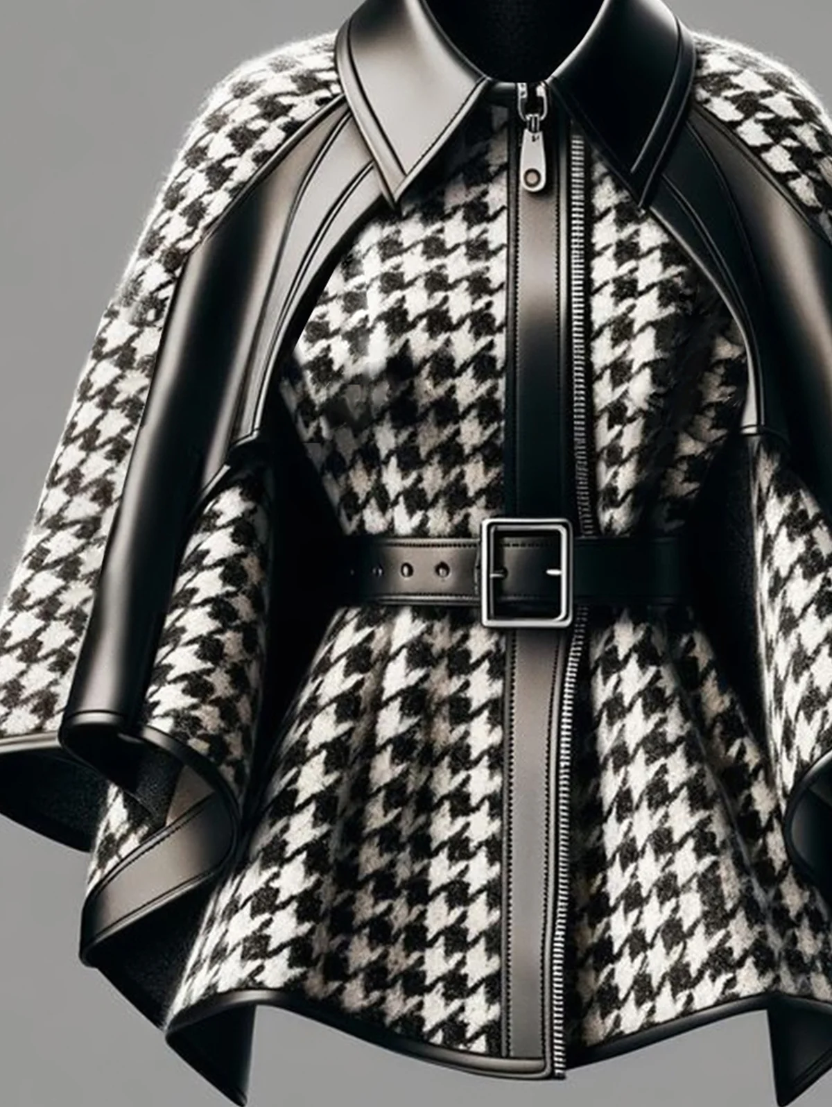 Women Houndstooth Irregular Cape Sleeve Zipper PU Leather Coats Laper Collar Fashion Jackets Vintage Female Chic Lady Tops 2025