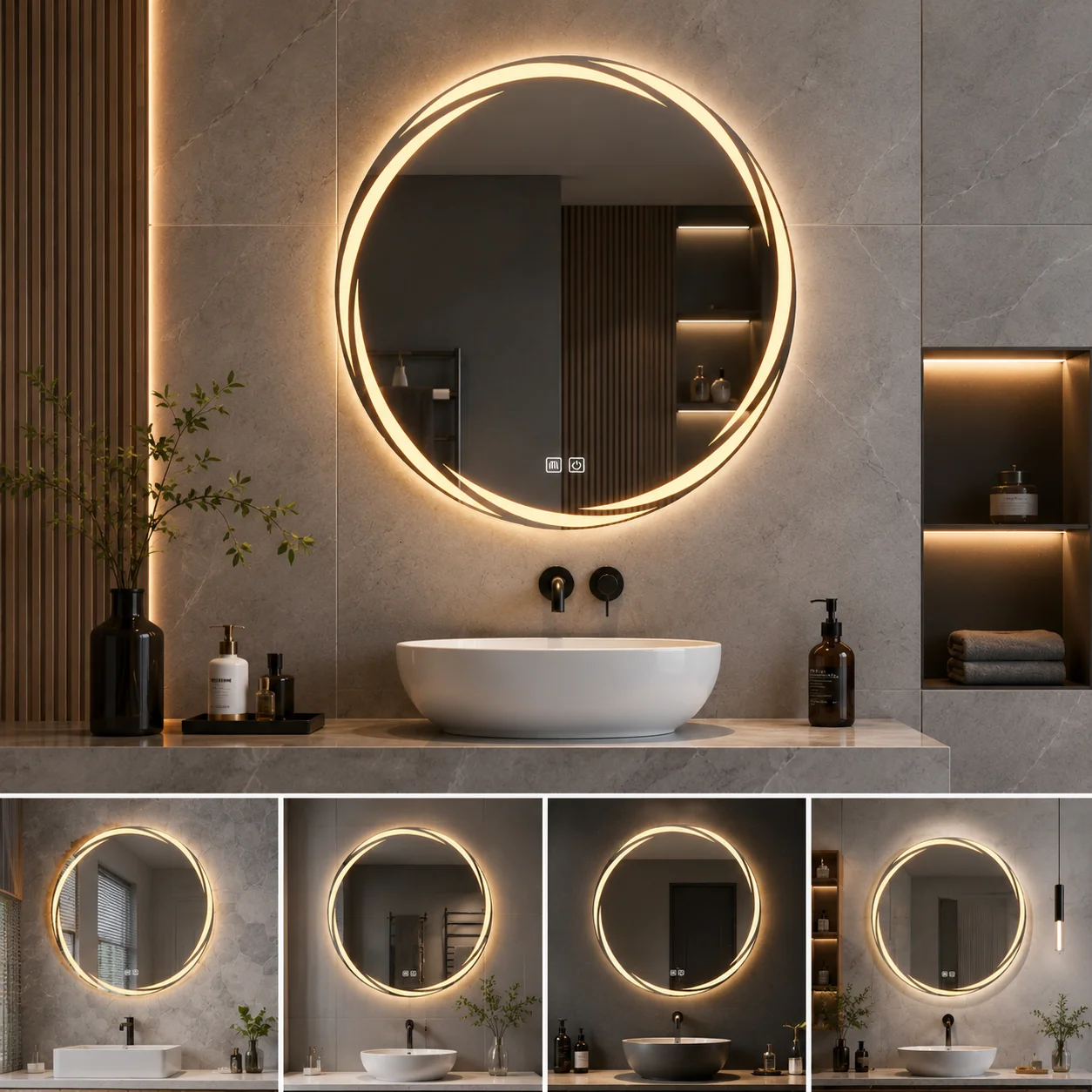 50cm Round LED Bathroom Mirror Anti Fog Touch Switch Small Decorative Wall Mirror for Bathroom Makeup 11 decorative patterns are