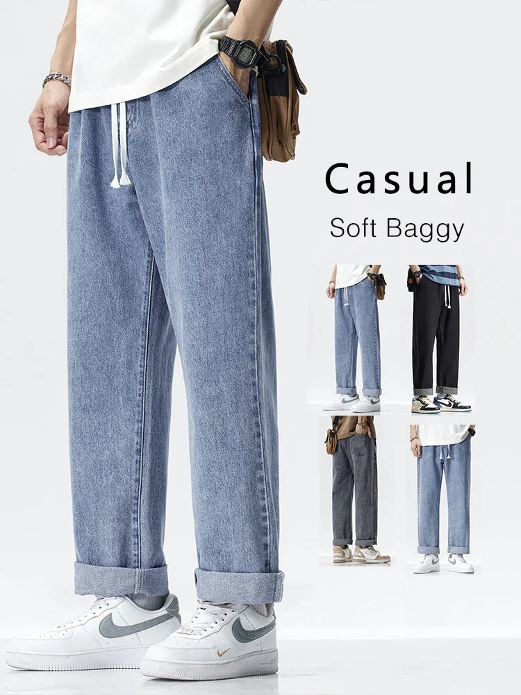 

2024 New in Men's Wide Jeans Elastic Waist Straight Baggy Denim Pants Korean Fashion Casual Male Clothes Trousers