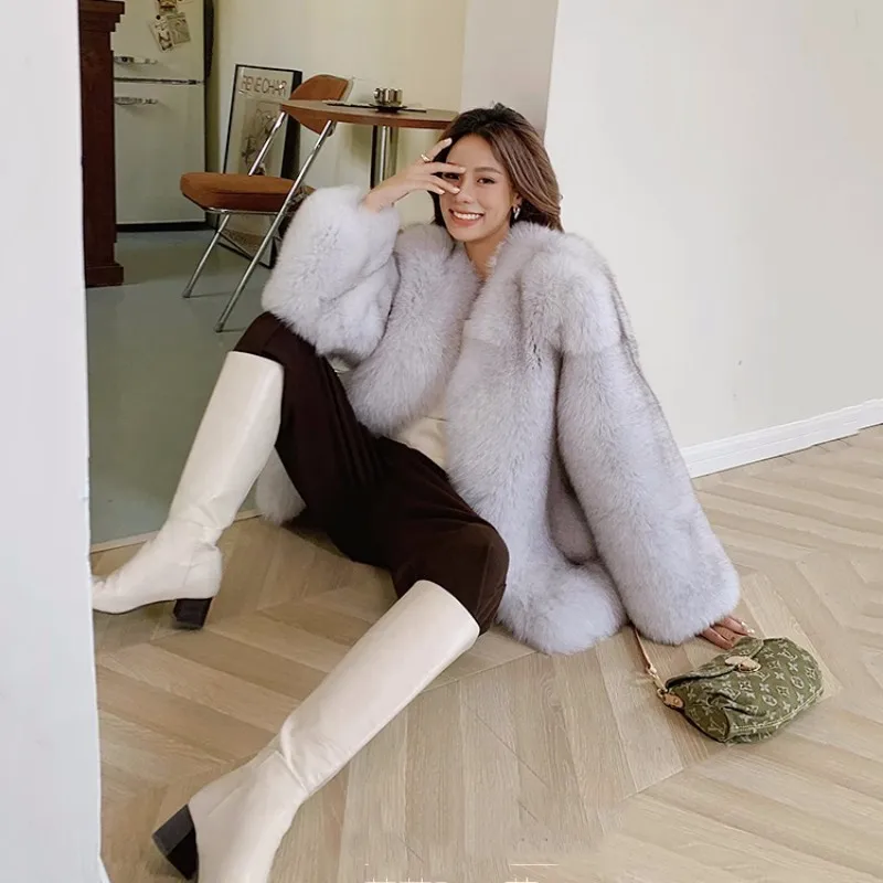 2023 Fashion Natural Silver Fox Fur Coat Women Fox fur Coat Black Real Fox Whole Skin Fur Winter Thick Soft Warm Fox Fur Jacket