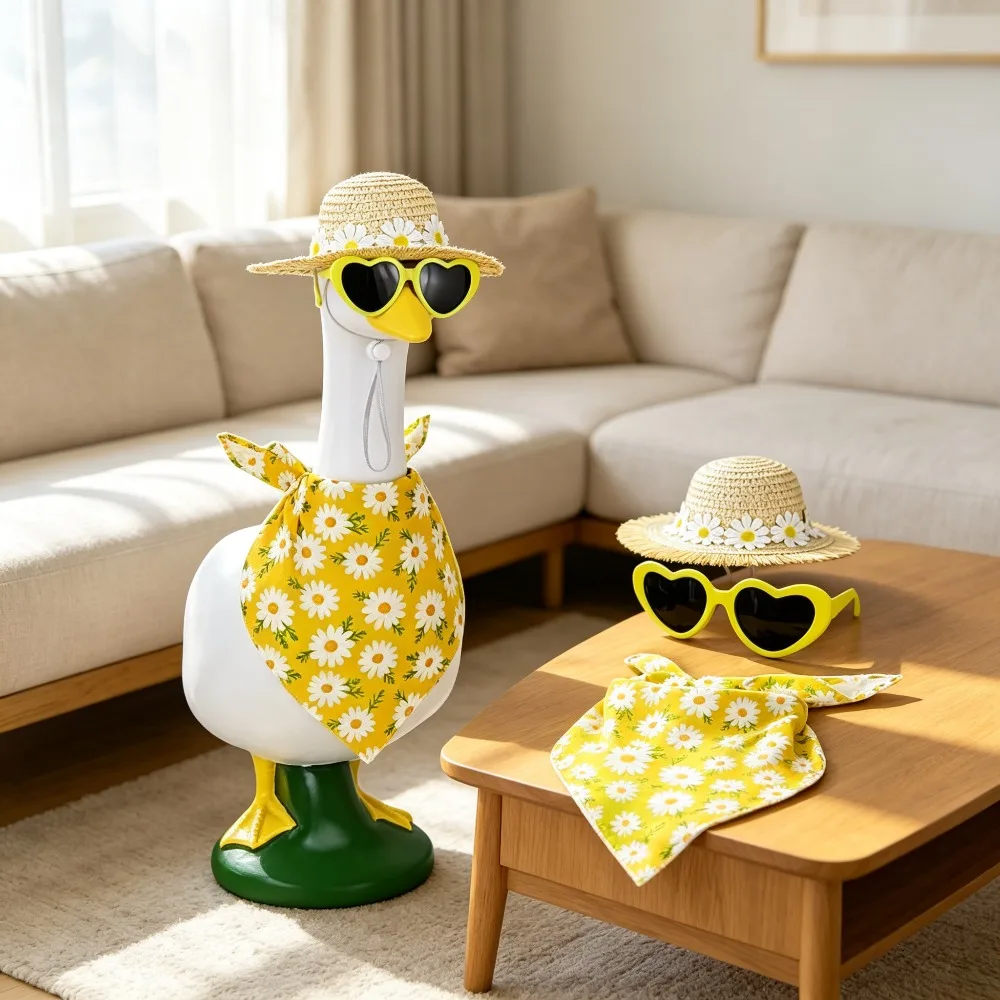 Summer Porch Goose Outfit Straw Hat Heart Sunglasses Bandana Decor Set, Goose Not Included