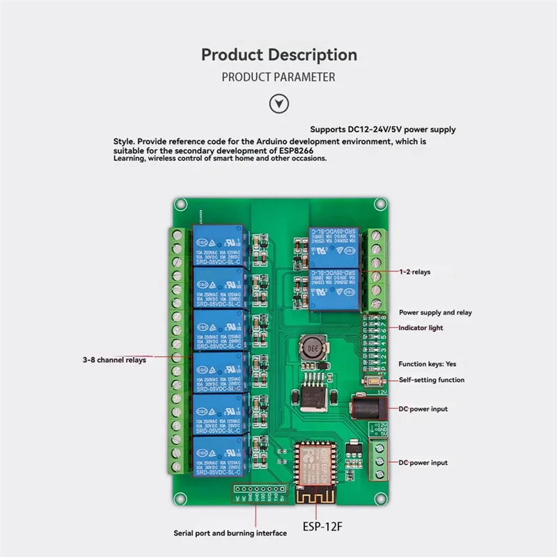 

Релейный модуль FEDI-8-CH DC12-24/5V, источник питания, релейный модуль Wi-Fi с чехлом для вторичной разработки ESP8266
