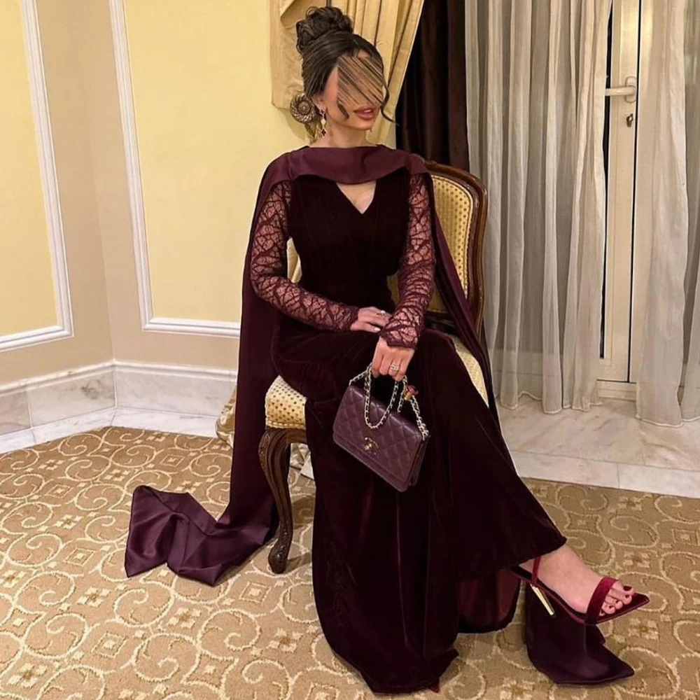 

Customize Burgundy V-neck Lace Sleeves Mermaid Evening Dresses Jersey Draped Floor Length With Sweep Train Long Elegant Gown