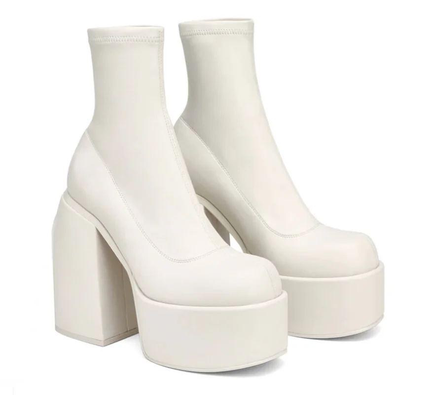 Botas modernas com saltos de plataforma para mulheres, Bota de couro redondo, Saltos volumosos com zíper, Sapatos de salto de bloco para meninas,