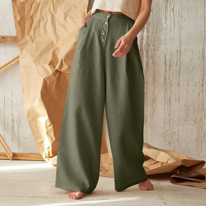 2023 New Women Fashion Linen Cotton Solid Button Tall Waist Trousers Female Plus Size Summer Casual Wide-Legged Pants