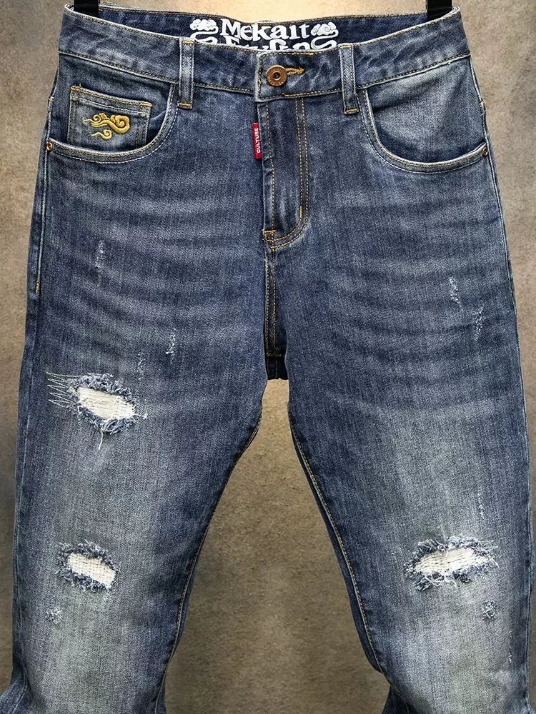 Fashion Designer Men Jeans High Quality Retro Blue Elastic Slim Fit Ripped Jeans Men Trousers Patched Vintage Denim Pants Hombre