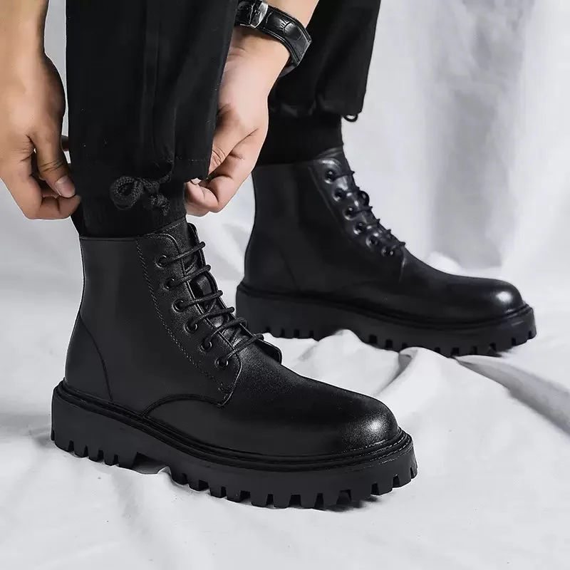 Classic Men Patent Leather Boots Outdoor Street Style Personality Trend Motorcycle Boots Seasons Mans High Top Ankle Boots Bota